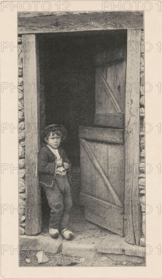 Boy in clogs in a doorway, page, photomechanical print, photographer: Paul Bourgeois, Paris, cliché