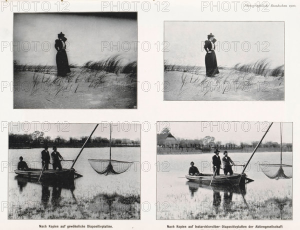 Two variations of two photos, one of an unknown woman in the dunes and one of unknown men on a