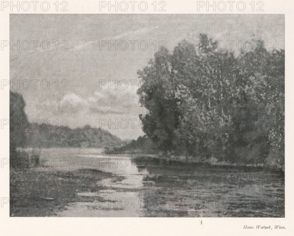 Landscape with river, page, photomechanical print, monogram: 'AG', photographer: Hans Watzek,