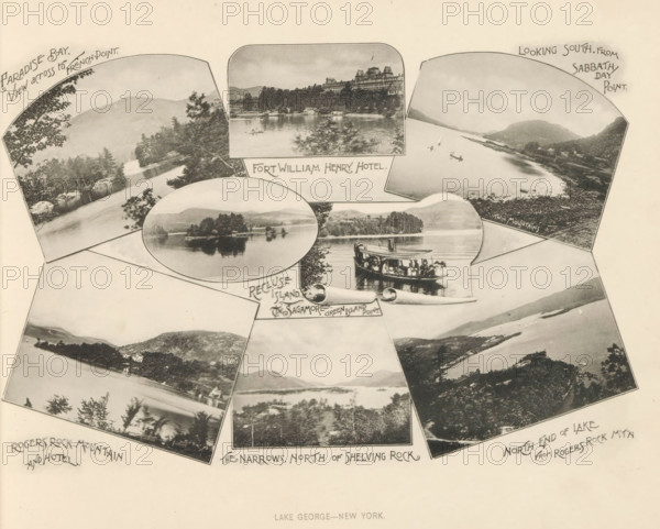 Views of Lake George and hotels and boats by the lake, Lake George - New York, page,