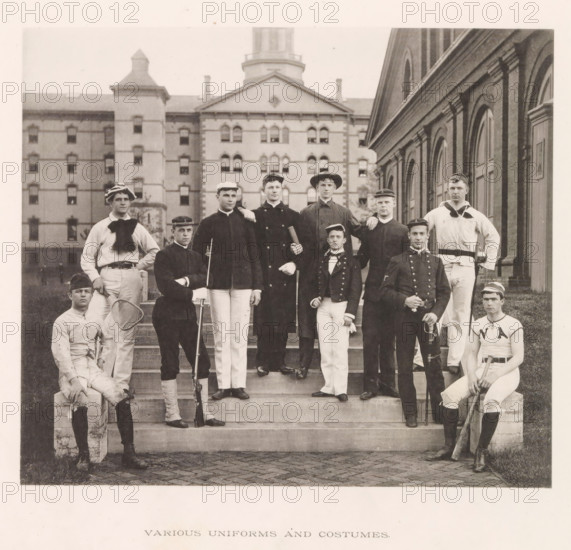 Various uniforms and costumes, photograph, page, photographer: Edward H. Hart, United States Naval