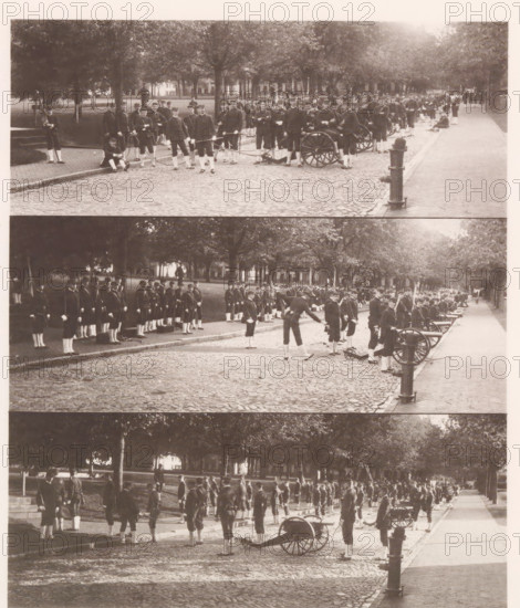 Three views of a military parade on the grounds of the United States Naval Academy in Annapolis,