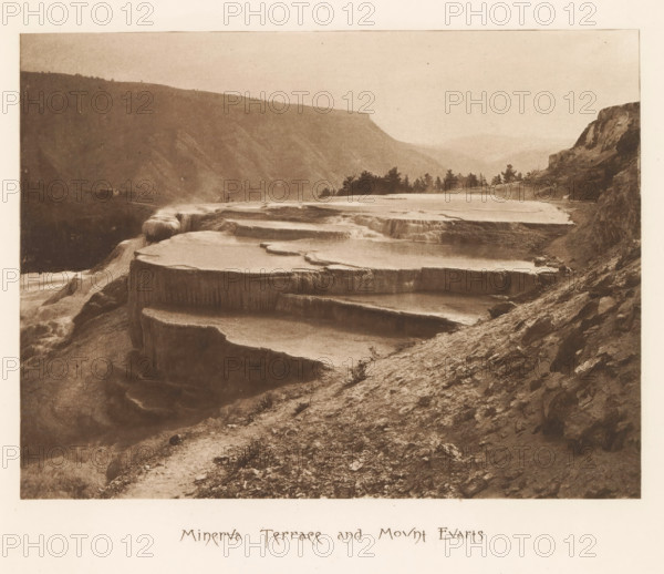 Minerva Terrace and Mount Evarts, page, photomechanical print, photographer: Frank Jay Haynes,