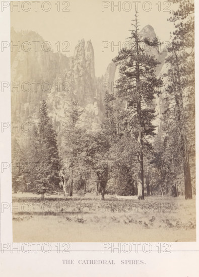 The Cathedral Spires, View of spiers at Middle Cathedral Rock in the Yosemite Valley, photograph,