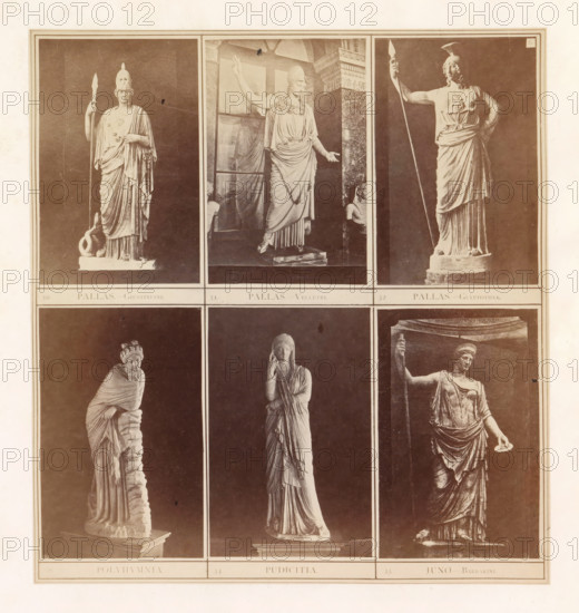 Six casts of ancient sculptures of women including Pallas Athena and Juno, photograph, page,