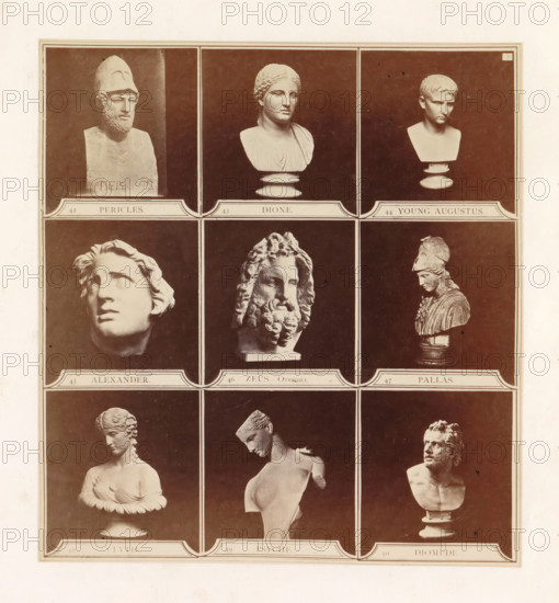 Nine casts of ancient busts including Dione, Zeus, Pallas Athena and Psyche, photograph, page,