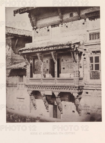 Façade of a house with a balcony in Ahmedabad, Gujarat, India, page, photomechanical print, title: