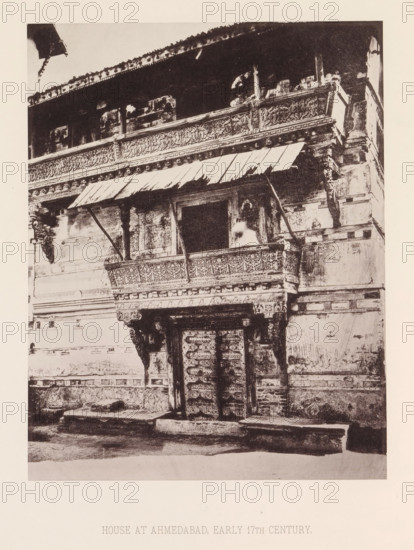 Façade of a house with a balcony in Ahmedabad, Gujarat, India, page, photomechanical print, title: