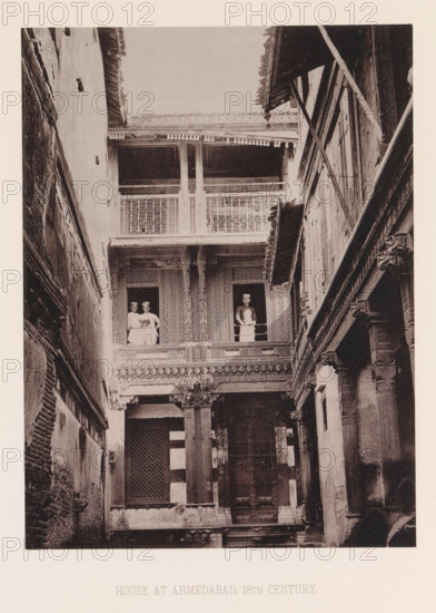 View of a house with three men in Ahmedabad, Gujarat, India, page, photomechanical print, number: