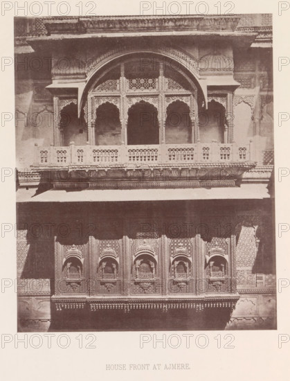 Façade of a house with a balcony in Ajmer, Rajasthan, India, page, photomechanical print, title: