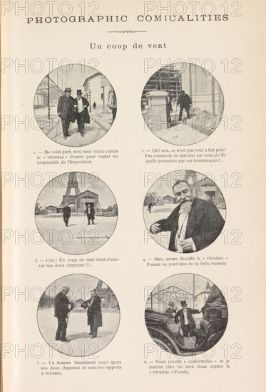 Cartoon about two men who lose their hats during a storm, Un coup de vent, page, photomechanical