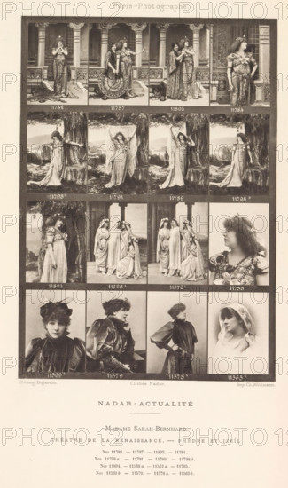 Sixteen portraits of Sarah Bernhardt, page, photomechanical print, inscription: 'Théatre de la