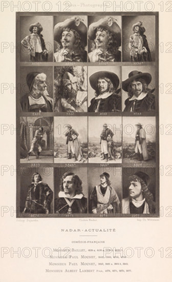 Sixteen portraits of actors, page, photomechanical print, From left to right: Monsieur Baillet,