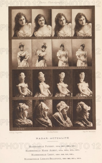 Sixteen portraits of actresses, page, photomechanical print, From left to right: Mademoiselle