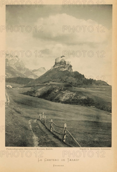 View of a castle in Tarasp, Le Château de Tarasp, page, photomechanical print, photographer: A.