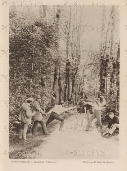 A group of unknown men, two of whom are fencing on a path through the forest, Action, page,