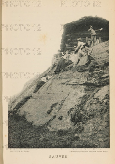 Group of people climbing a rock wall, Sauvés!, page, photomechanical print, maker: P. Odier, maker: