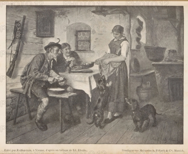 Reproduction of a painting of a family at the table by Adolf Eberle, reproduction, page,