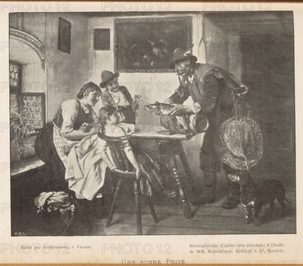 Reproduction of a painting of a family at the table, probably by Adolf Eberle, Une bonne Prize,