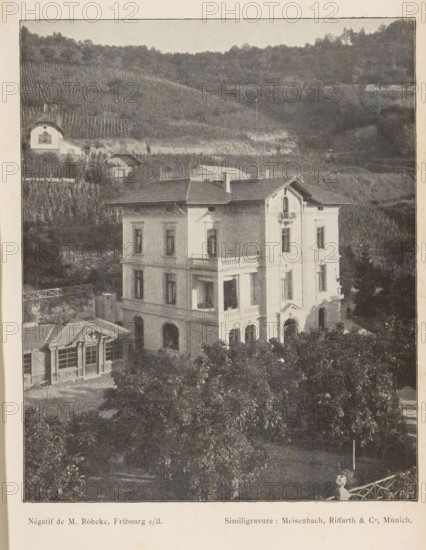 View of a villa in a mountainous landscape, probably in Switzerland, page, photomechanical print,