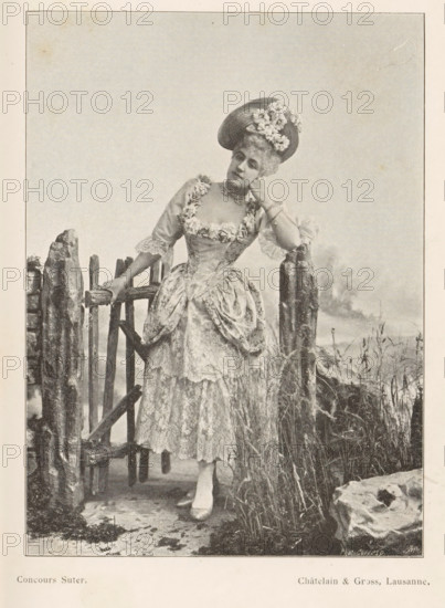 Portrait of an unknown woman at a fence, page, photomechanical print, inscription: 'Phot. Corresp