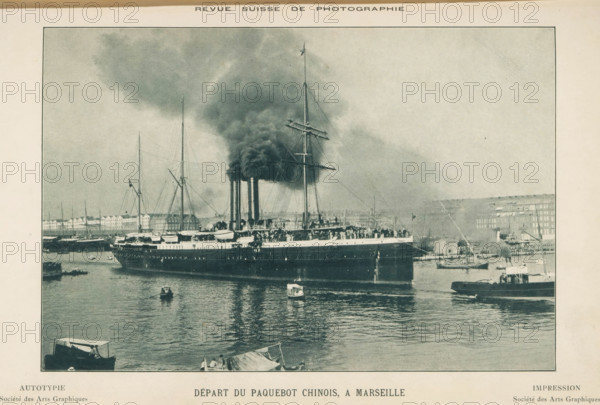 Départ de paquebot chinois, a Marseille, View of a ship setting sail in Marseille, page,