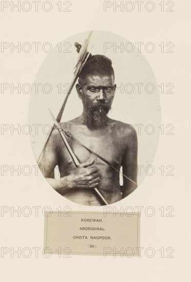 Portait of an unknown man with a bow and arrow from the Korwa tribe of Chota Nagpur in eastern