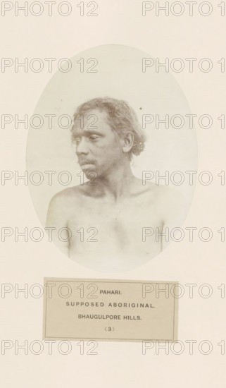 Portrait of an unknown man from the Mal Paharia tribe in eastern India, photograph, page,