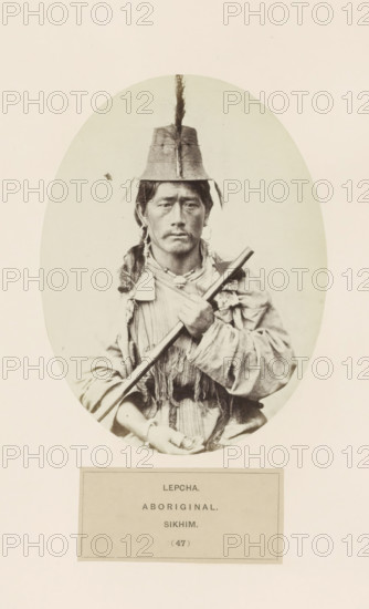 Portrait of an unknown man with a weapon from the Lepcha community of Sikkim, photograph, page,