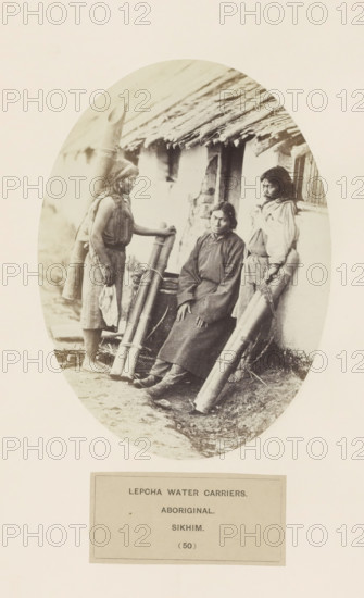 Three water carriers in front of a house from the Lepcha community of Sikkim, photograph, page,
