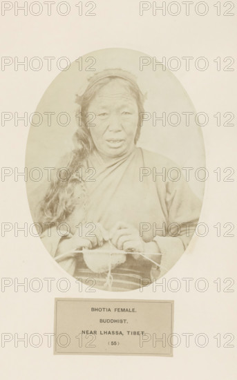 Portrait of an unknown knitting woman from the Bhutia community near Lhasa in Tibet, photograph,