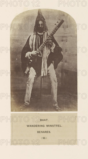 Portrait of an unknown minstrel (Bhat) from Varanasi, Uttar Pradesh, India, photograph, page,