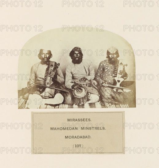 Portrait of three unknown minstrels from Moradabad, Uttar Pradesh, India, photograph, page,