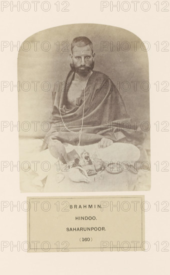 Portrait of an unknown brahmin (Hindu priest) with items for his morning prayers, from Saharanpur,