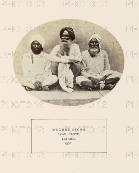 Portrait of three unknown men from the Mazhabi Sikh community of Lahore, Punjab, Pakistan,
