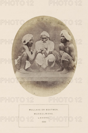 Portrait of three unknown bargemen from Lahore, Punjab, Pakistan, photograph, page, inscription: