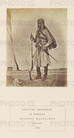 Portrait of a horseman with a musket and saber from the Khattak tribe of Kohat, Khyber Pakhtunkhwa,