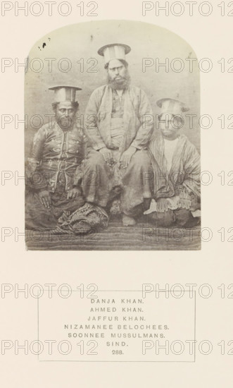 Portrait of Danja Khan, Ahmed Khan and Jaffur Khan, Sindh, Pakistan, photograph, page, Left: Ahmed