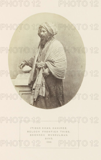 Portrait of Itibar Khan, a chief of the Kahiri Baloch tribe in Sindh, Pakistan, photograph, page,