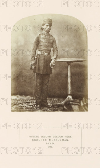 Portrait of a soldier in the second Baloch regiment, Sindh, Pakistan, photograph, page,