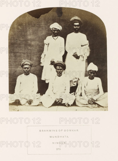 Portrait of five unknown priests (brahmins) from Mandhata, Madhya Pradesh, India, photograph, page,