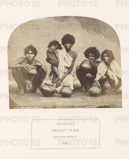 Group portrait of a family from the Yenadi tribe with cooking pots, Chengalpattu, Tamil Nadu,