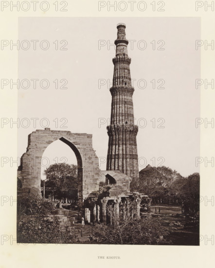 View of the Qutb Minar in Delhi, The Kootur, page, photomechanical print, photographer: Bourne &