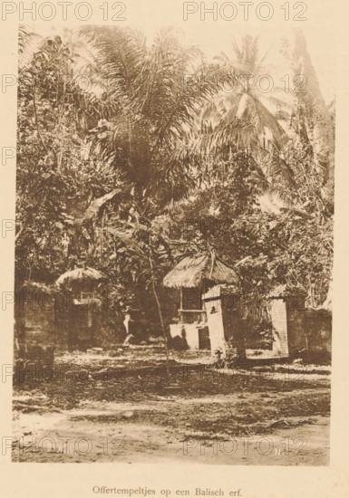 Sacrificial temples on a Balinese yard, View of a sacrificial temple in a wooded area, page,