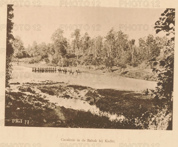 View of the cavalry in a river near Kediri, Cavalry in the Babak near Kediri, page, photomechanical