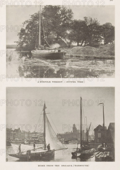View of a wherry along the bank, A Norfolk wherry, (supper time), page, photomechanical print,