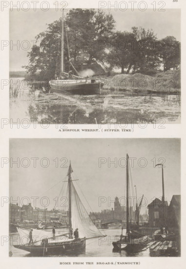 Home from the Broads, (Yarmouth), View of Great Yarmouth with a sailing boat sailing in, page,