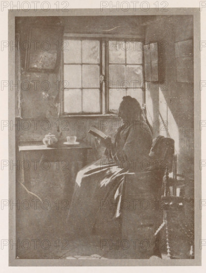 Andacht, Portrait of an unknown woman reading by the window, page, photomechanical print,