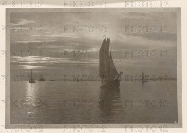 Sailboats at sunset, Vor sonnen-untergang, page, photomechanical print, inscription: