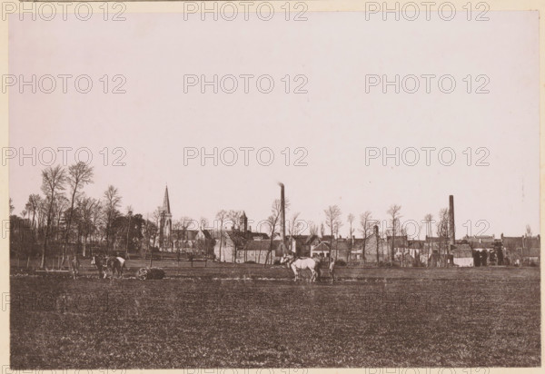 Un Paysage du Nord, Two farmers with horses working in the fields in Northern France, page,